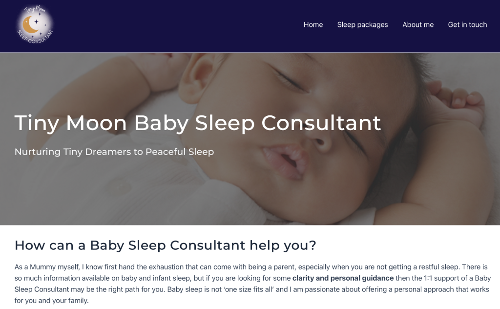 Screenshot of the home page of Tiny Moon Sleep Consultant, design by Hampshire Web Solutions